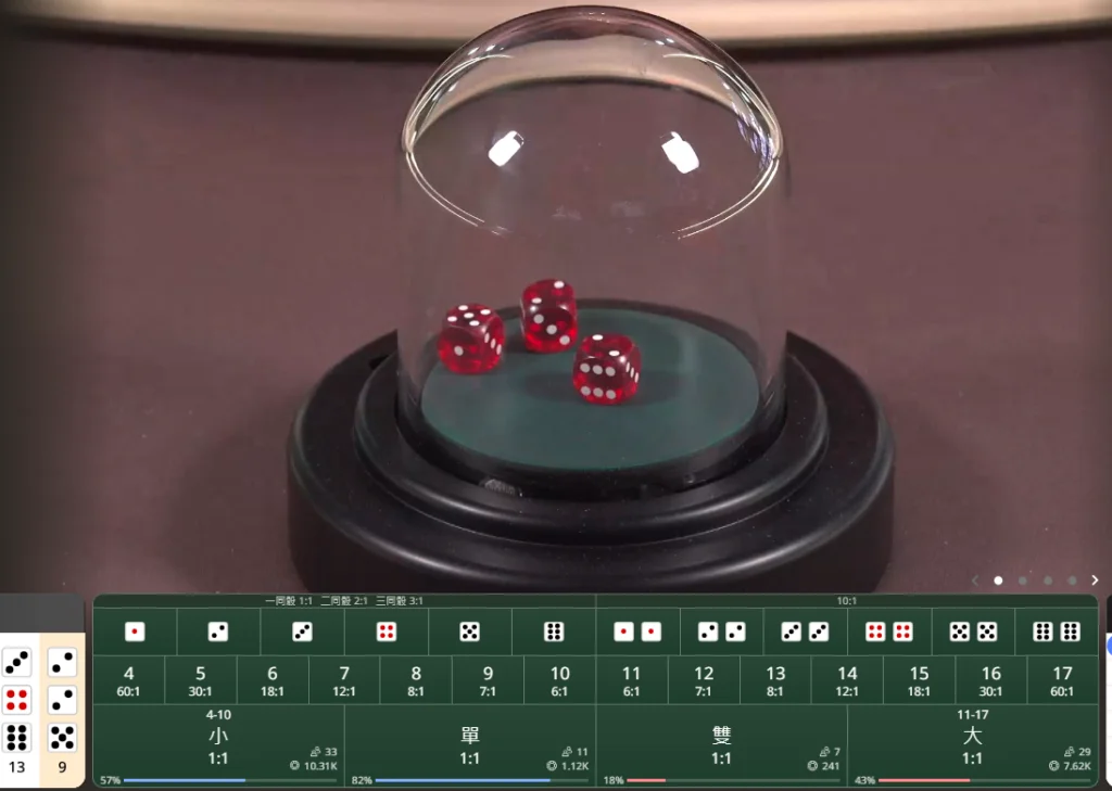 SA真人骰寶遊戲畫面，三顆骰子實時開獎，支援大小單雙多樣投注
