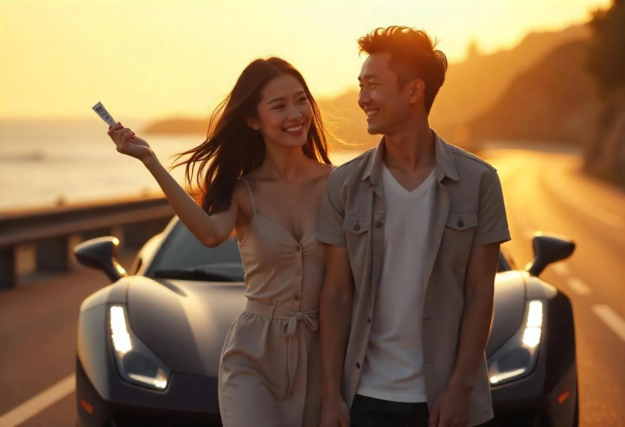 一對情侶在夕陽下開心牽手，女子手持彩券站在跑車前，象徵中獎喜悅與中彩改變人生的情境畫面</p>
<p>