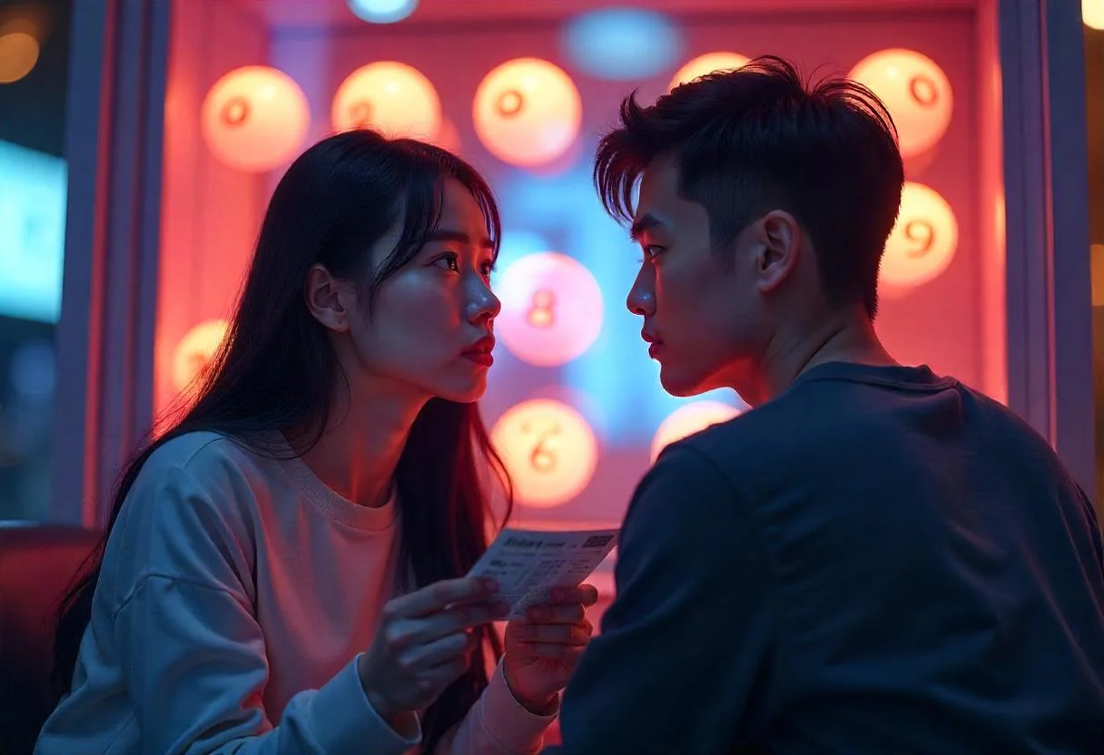 一對情侶在彩球牆前注視彼此，女子手持樂透彩券，神情專注且略帶緊張，呈現等待開獎前的期待氛圍</p>
<p>